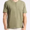 Kandido Men's Short Sleeve Slub Jersey Relaxed Henley Top, Army Green - BM24605
