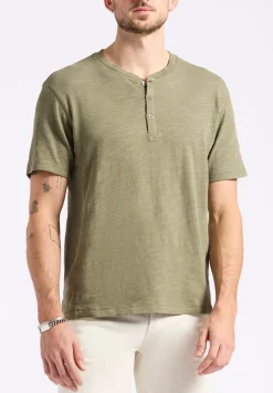 Kandido Men's Short Sleeve Slub Jersey Relaxed Henley Top, Army Green - BM24605