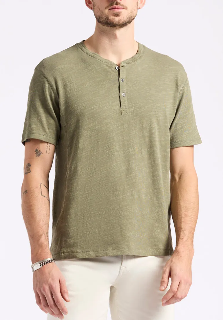 Kandido Men's Short Sleeve Slub Jersey Relaxed Henley Top, Army Green - BM24605