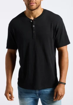 Kandido Men's Short Sleeve Slub Jersey Relaxed Henley Top, Black - BM24605