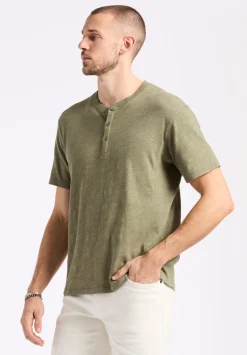 Kandido Men's Short Sleeve Slub Jersey Relaxed Henley Top, Army Green - BM24605