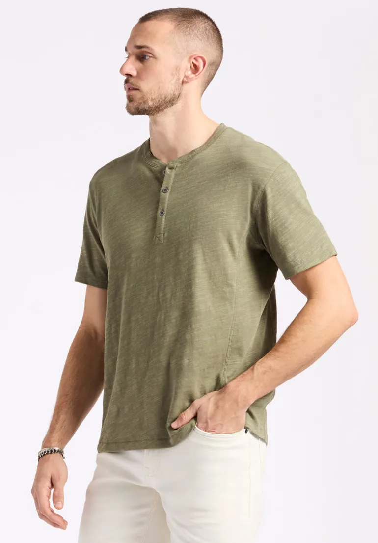 Kandido Men's Short Sleeve Slub Jersey Relaxed Henley Top, Army Green - BM24605