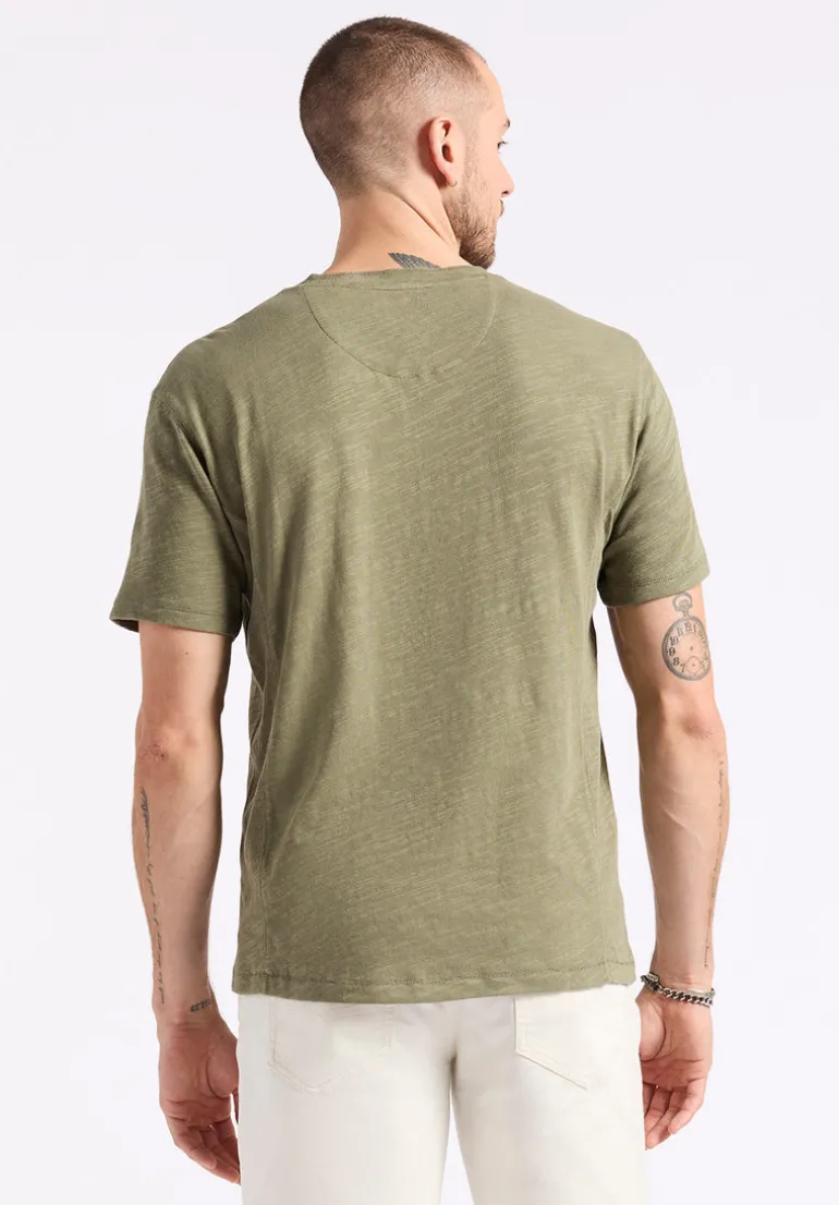 Kandido Men's Short Sleeve Slub Jersey Relaxed Henley Top, Army Green - BM24605