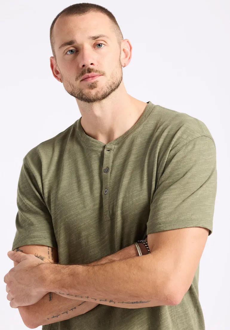 Kandido Men's Short Sleeve Slub Jersey Relaxed Henley Top, Army Green - BM24605