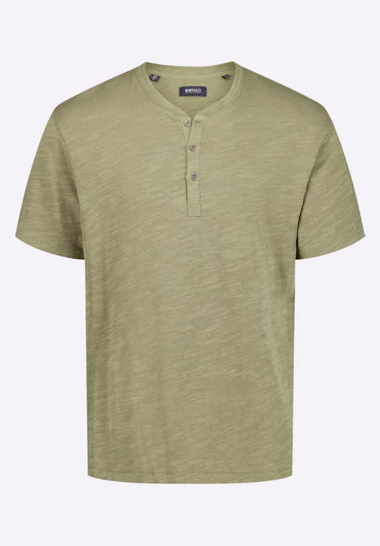 Kandido Men's Short Sleeve Slub Jersey Relaxed Henley Top, Army Green - BM24605