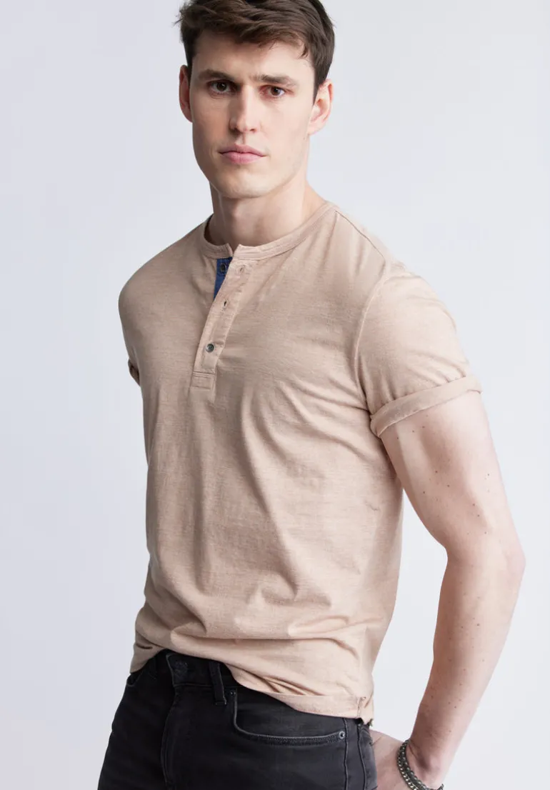 Kandy Men's Short Sleeve Henley, Tan - BM24387