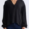 Kensley Women’s Dropped Shoulder V-neck Loose Blouse, Black - WT0119F