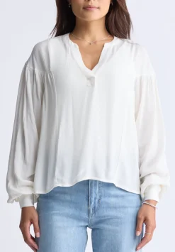 Kensley Women’s Dropped Shoulder V-neck Loose Blouse, White - WT0119F