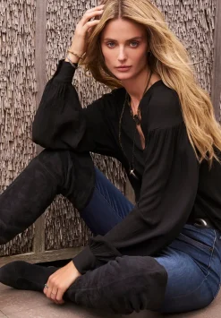 Kensley Women’s Dropped Shoulder V-neck Loose Blouse, Black - WT0119F