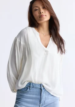 Kensley Women’s Dropped Shoulder V-neck Loose Blouse, White - WT0119F