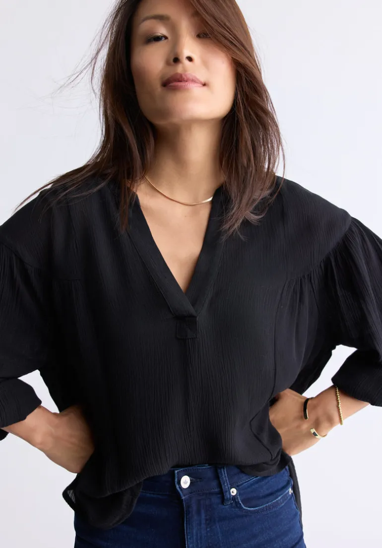Kensley Women’s Dropped Shoulder V-neck Loose Blouse, Black - WT0119F