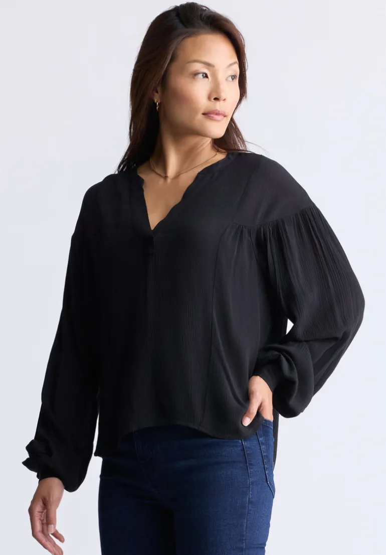 Kensley Women’s Dropped Shoulder V-neck Loose Blouse, Black - WT0119F
