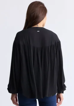 Kensley Women’s Dropped Shoulder V-neck Loose Blouse, Black - WT0119F