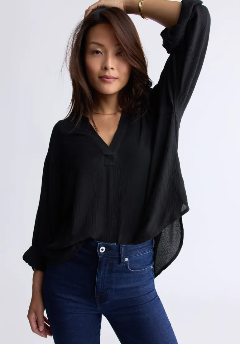 Kensley Women’s Dropped Shoulder V-neck Loose Blouse, Black - WT0119F
