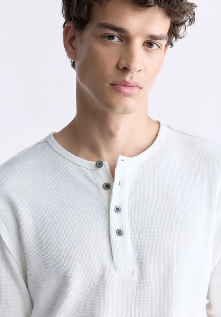 Kipato Men's Long-Sleeve Henley Top, White - BM24434