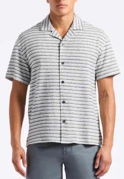 Koddy Men's Short-Sleeve Striped Jersey Button-Up Relaxed Fit Shirt, Midnight Blue - BM24599