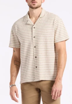 Koddy Men's Short-Sleeve Striped Jersey Button-Up Relaxed Fit Shirt, Woodsmoke Beige - BM24599