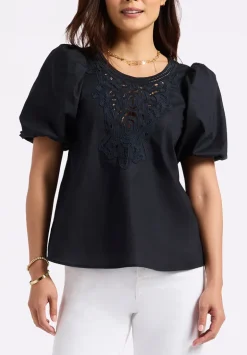 Leonella Women's Puff Sleeve Embroidered Blouse, Black - WT0204P