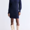 Levelle Women's Cable Knit Turtleneck Sweater Dress, Navy - SD0005H