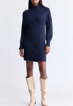 Levelle Women's Cable Knit Turtleneck Sweater Dress, Navy - SD0005H