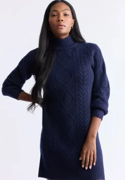Levelle Women's Cable Knit Turtleneck Sweater Dress, Navy - SD0005H