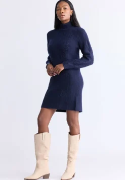 Levelle Women's Cable Knit Turtleneck Sweater Dress, Navy - SD0005H