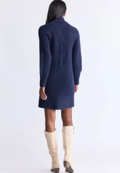Levelle Women's Cable Knit Turtleneck Sweater Dress, Navy - SD0005H