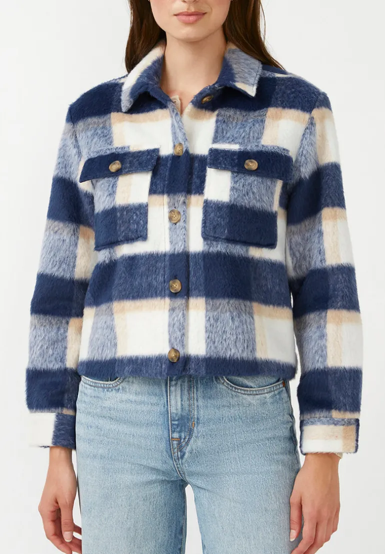 Lissandra Women's Cropped Shacket Tan Blue Plaid - JK0010F
