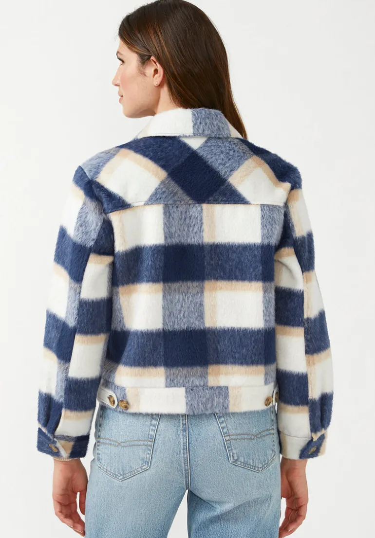 Lissandra Women's Cropped Shacket Tan Blue Plaid - JK0010F