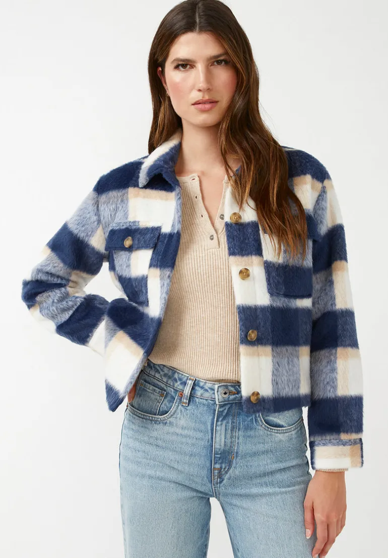 Lissandra Women's Cropped Shacket Tan Blue Plaid - JK0010F
