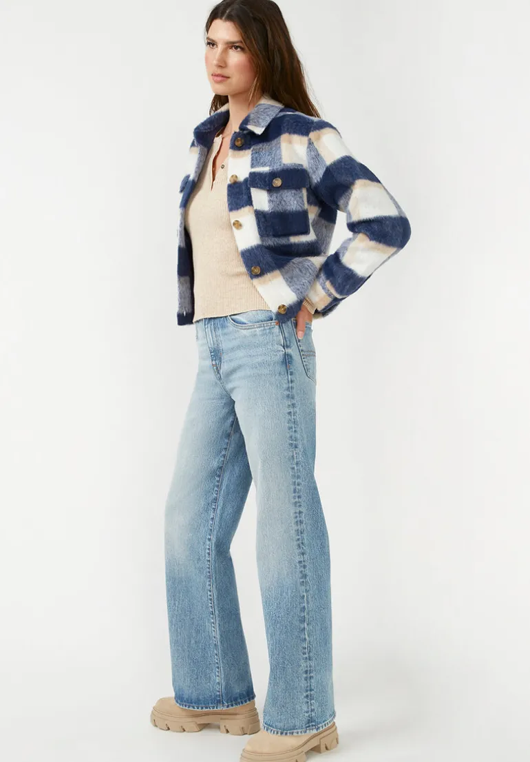 Lissandra Women's Cropped Shacket Tan Blue Plaid - JK0010F