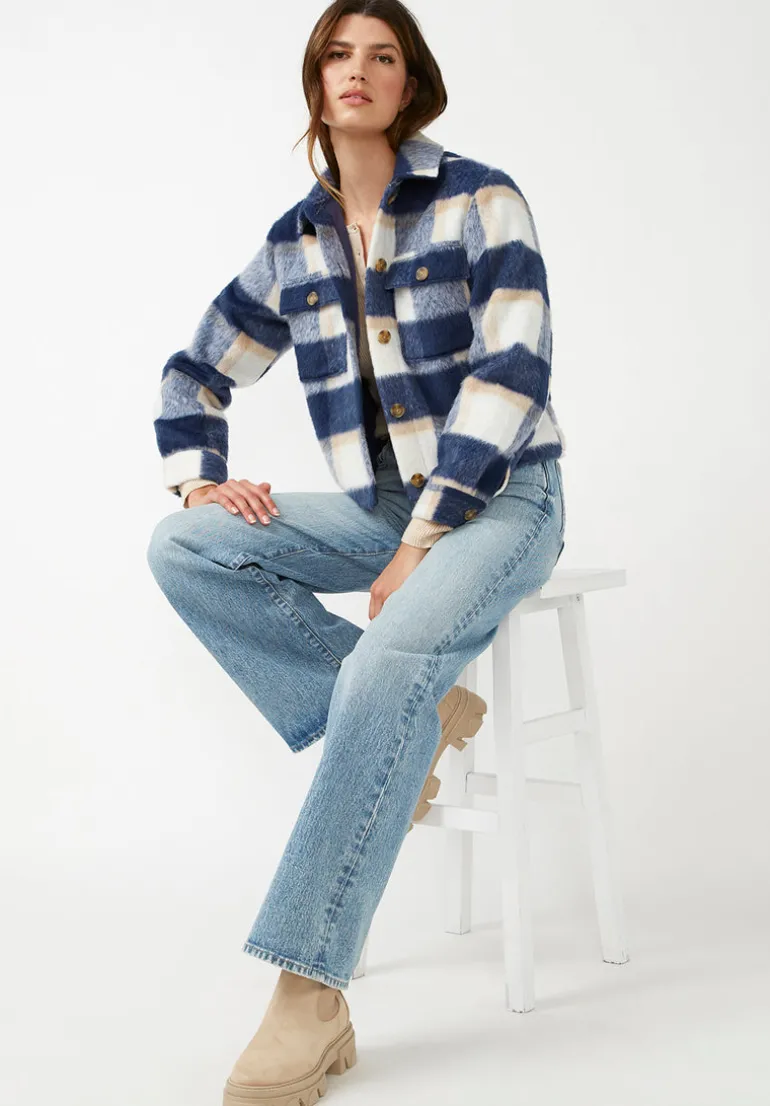 Lissandra Women's Cropped Shacket Tan Blue Plaid - JK0010F