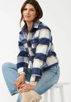 Lissandra Women's Cropped Shacket Tan Blue Plaid - JK0010F
