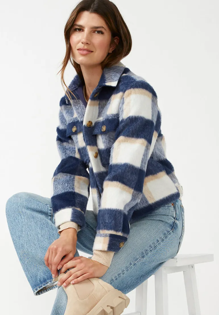 Lissandra Women's Cropped Shacket Tan Blue Plaid - JK0010F