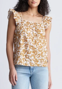 Mabilia Women's Flutter Sleeve Top, Yellow Flowers - WT0108S