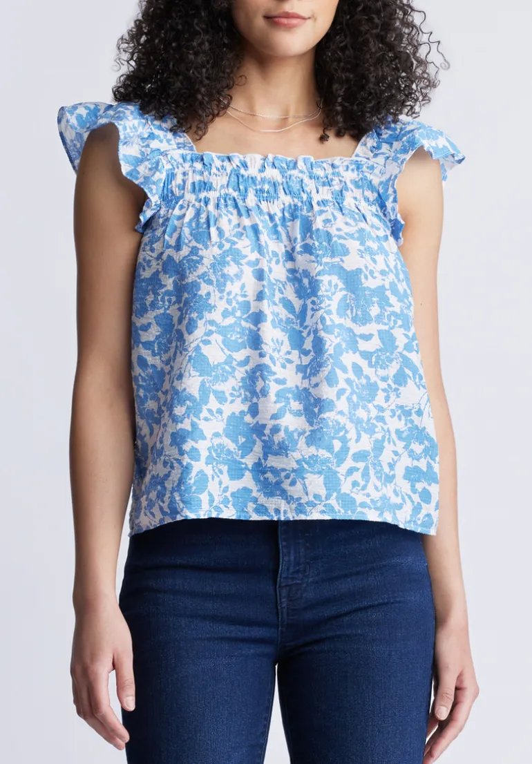 Mabilia Women's Flutter Sleeve Top, Blue Flowers - WT0108S