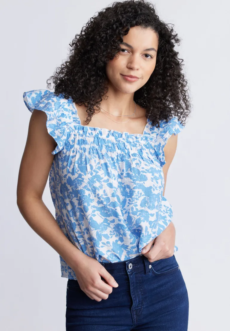 Mabilia Women's Flutter Sleeve Top, Blue Flowers - WT0108S