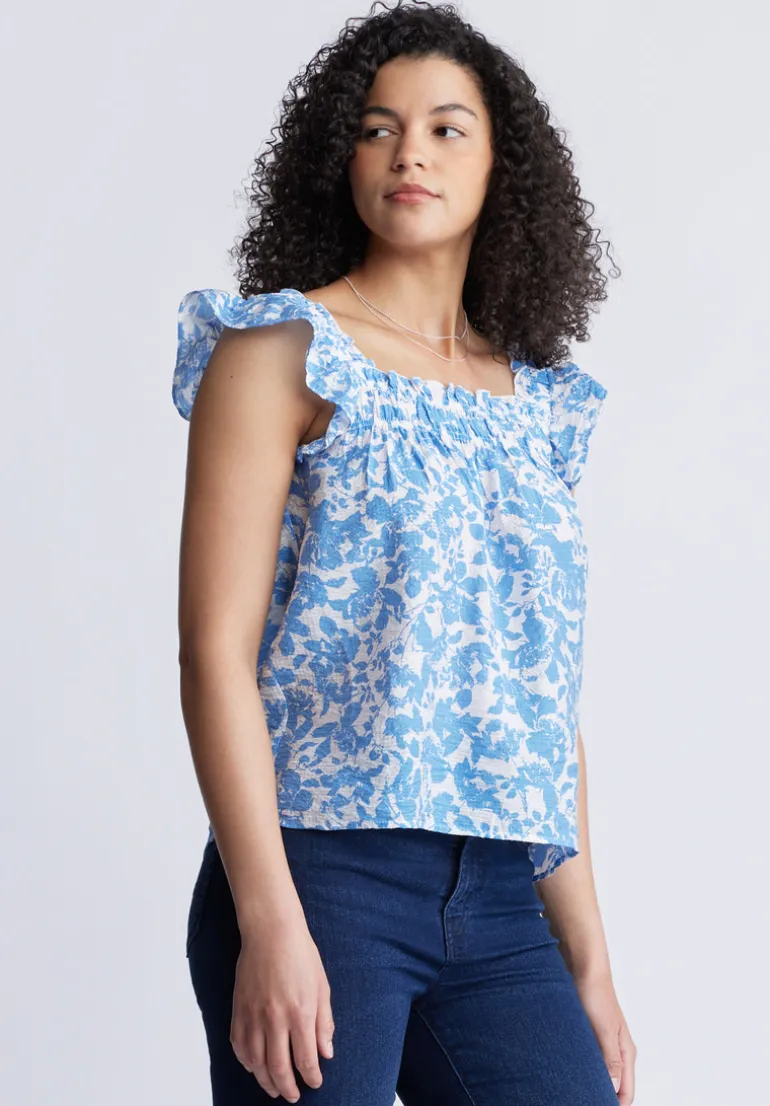 Mabilia Women's Flutter Sleeve Top, Blue Flowers - WT0108S