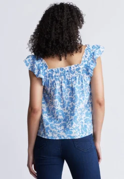 Mabilia Women's Flutter Sleeve Top, Blue Flowers - WT0108S