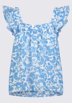 Mabilia Women's Flutter Sleeve Top, Blue Flowers - WT0108S