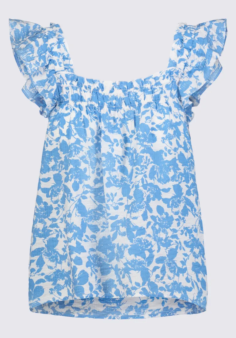 Mabilia Women's Flutter Sleeve Top, Blue Flowers - WT0108S