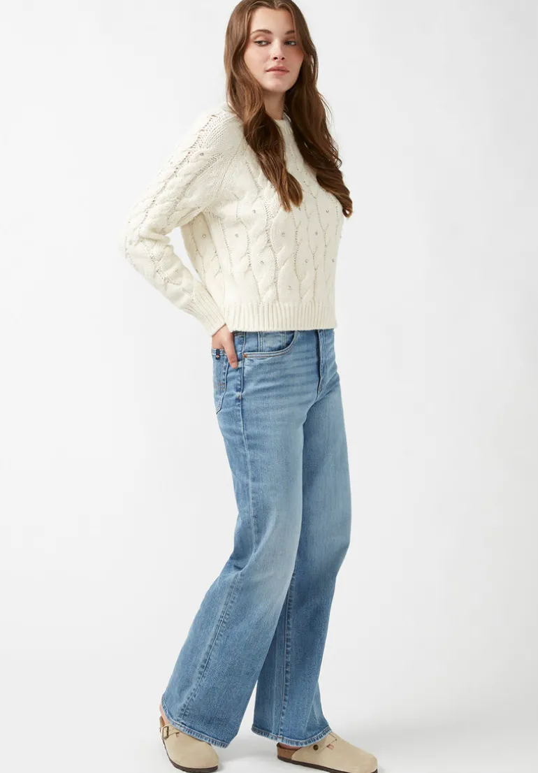 Magari Women's Long Sleeve Crewneck Cable Sweater in Ivory - SW0030H