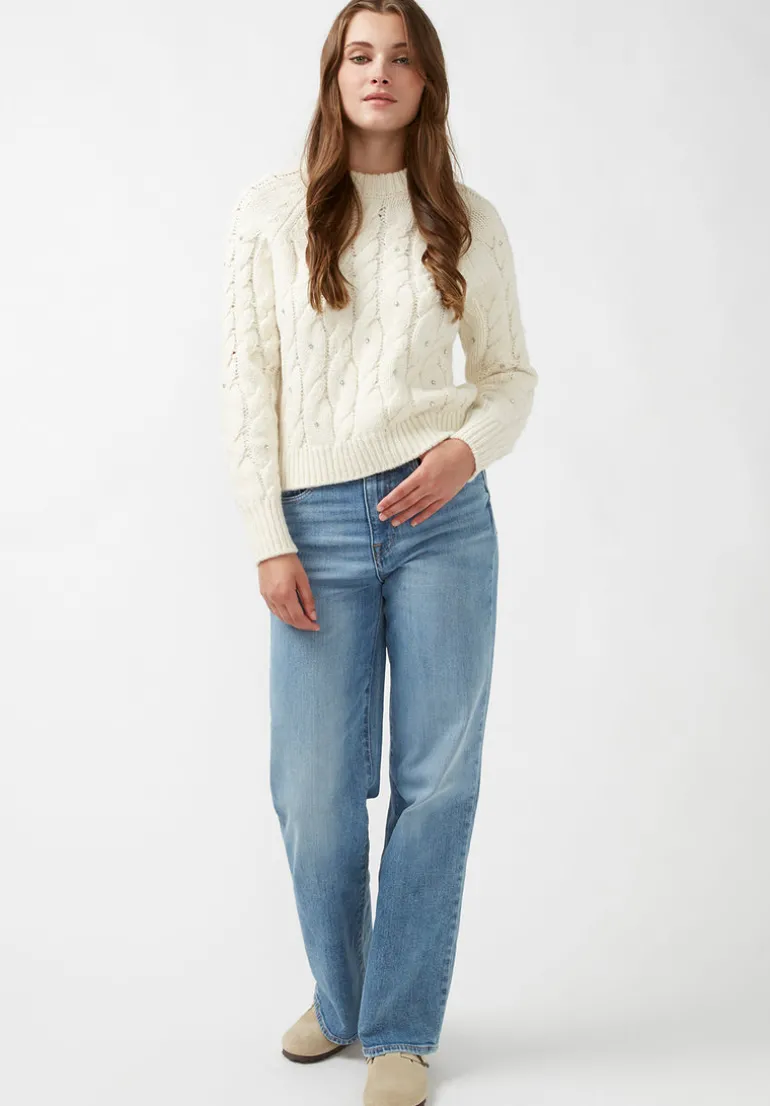 Magari Women's Long Sleeve Crewneck Cable Sweater in Ivory - SW0030H