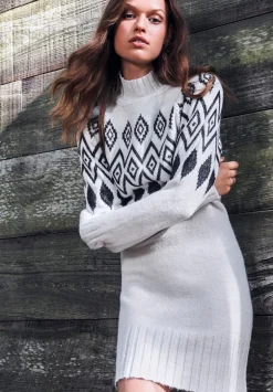 Massima Women's Long Sleeve Mock Neck Sweater Dress in Ivory - SD0001H