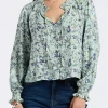 Maylah Women's Floral Print Long-Sleeve Smocked Blouse, Green Floral - WT0174P