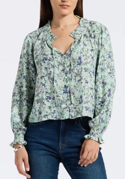Maylah Women's Floral Print Long-Sleeve Smocked Blouse, Green Floral - WT0174P