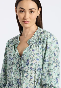 Maylah Women's Floral Print Long-Sleeve Smocked Blouse, Green Floral - WT0174P