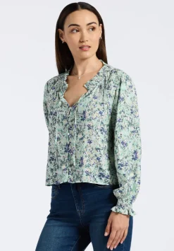 Maylah Women's Floral Print Long-Sleeve Smocked Blouse, Green Floral - WT0174P