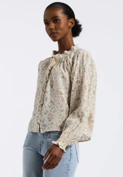 Maylah Women's Floral Print Long-Sleeve Smocked Blouse, Tan Floral - WT0174P