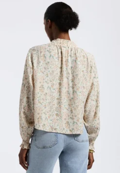 Maylah Women's Floral Print Long-Sleeve Smocked Blouse, Tan Floral - WT0174P